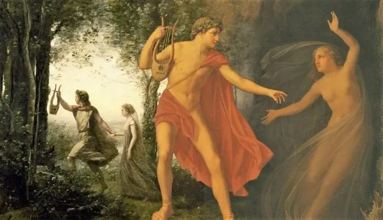 Orpheus is adorned in a scarlet robe while extending his hand towards Eurydice, who is draped in gossamer fabric.