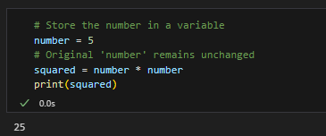 Example output of Python square while maintaining immutability.