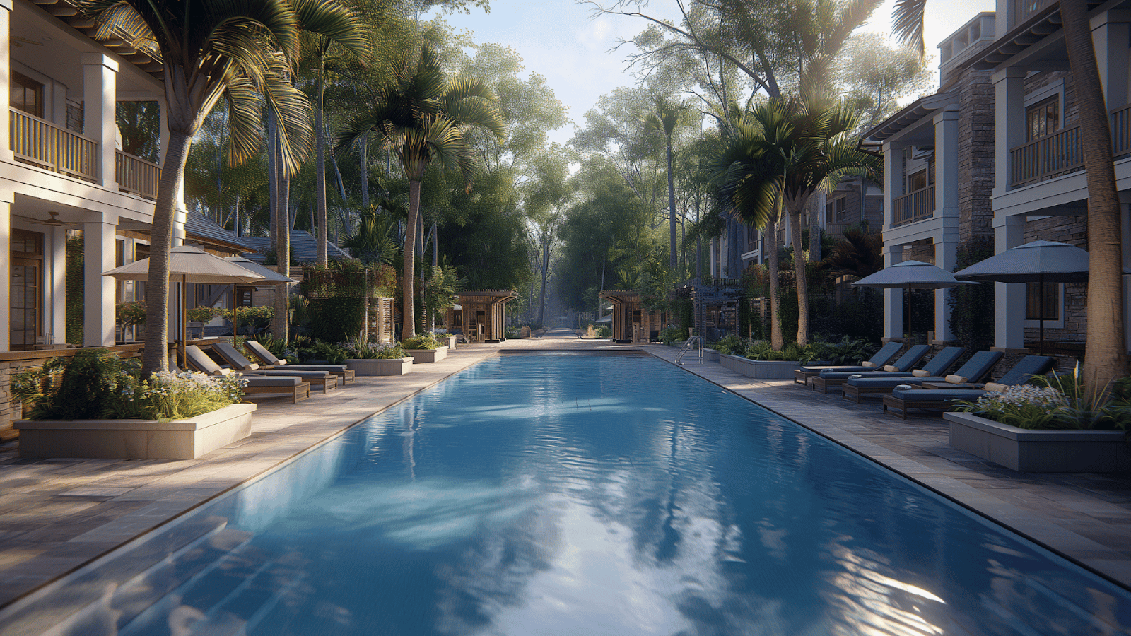 A luxurious poolside lounging area at a resort rental in Palmetto Dunes