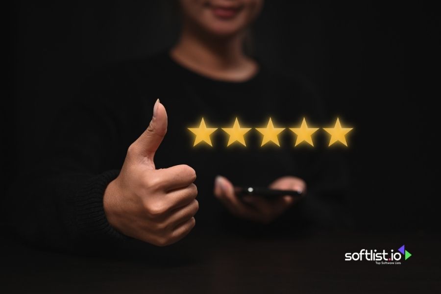 Person giving thumbs up with five-star rating.