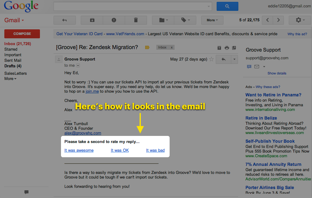 How Groove's CSAT looks attached to the bottom of an email. 