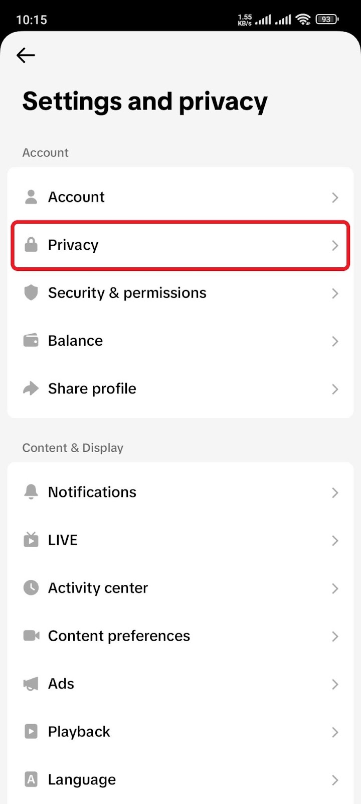 Mobile screenshot of the TikTok app's settings, with the privacy option being highlighted.