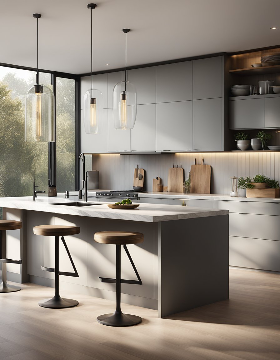 A kitchen with light gray cabinets illuminated by natural light from a large window, casting soft shadows on the sleek, modern design