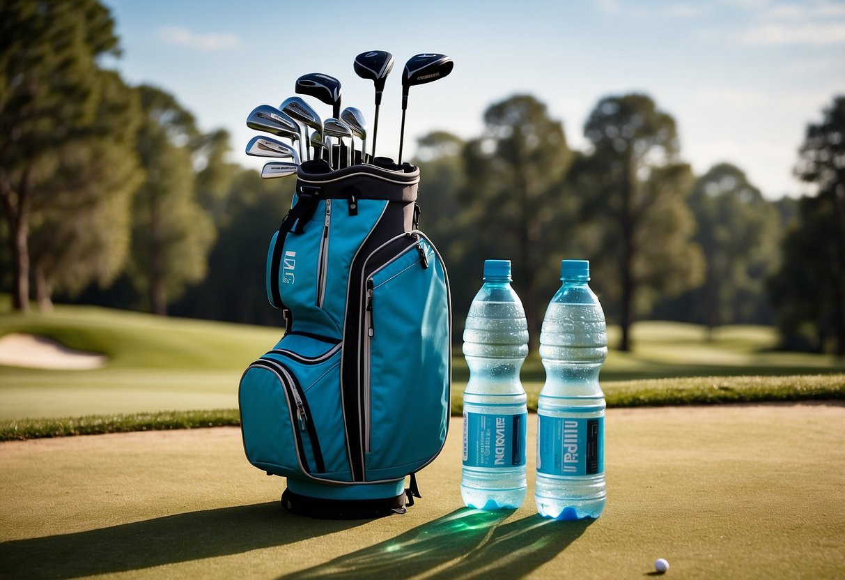 A golf bag with water bottles, electrolyte drinks, and a cooler on a sunny golf course