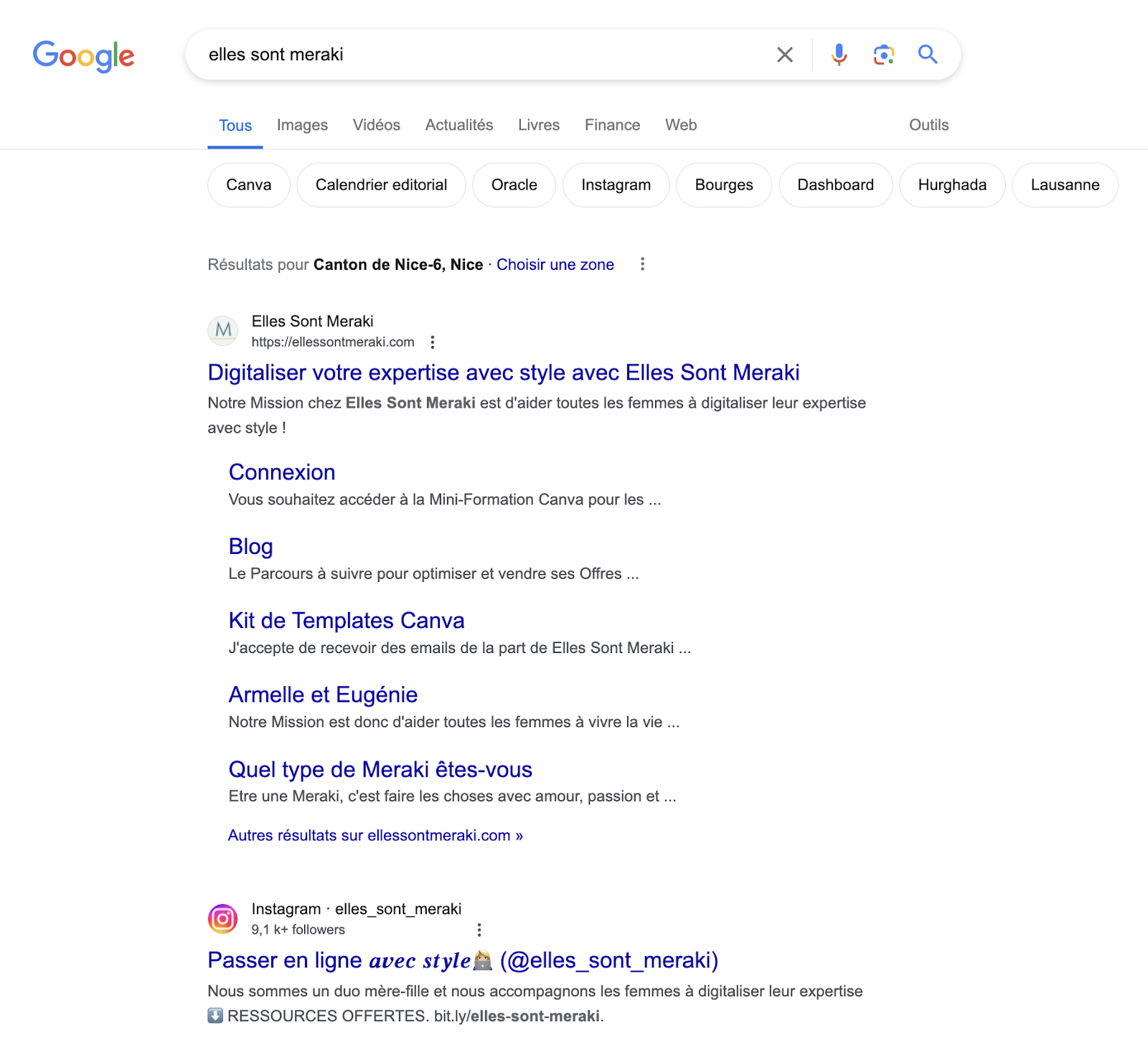 Capture d'écran d'une page de résultats Google pour la recherche "Elles Sont Meraki. En première position, on trouve le site web d'Elles Sont Meraki, un duo mère-fille qui accompagne les femmes entrepreneures dans la digitalisation de leur expertise ; mais aussi leur compte Instagram.
