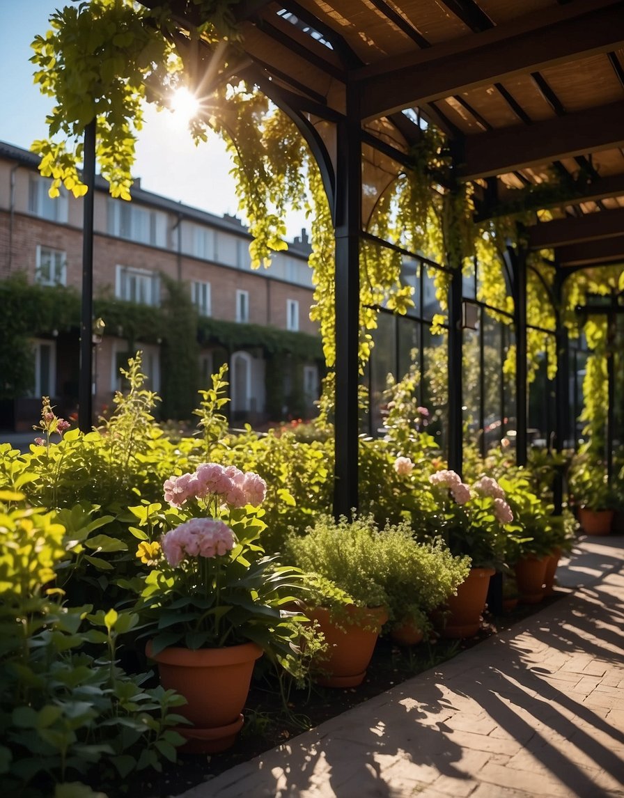 A sunny pergola with solar panels, surrounded by lush greenery and flowers, casting dappled shadows on the ground