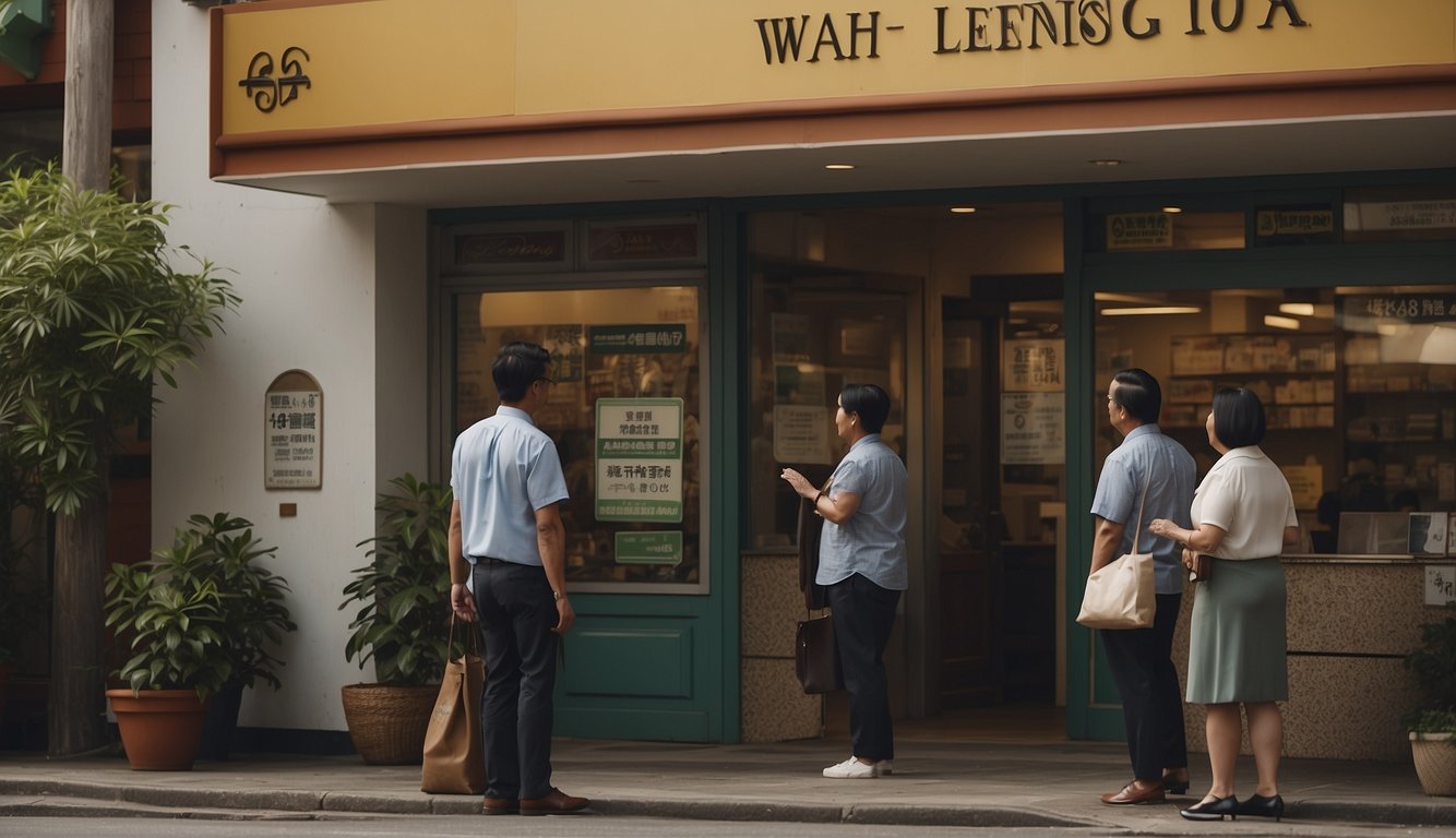 A storefront sign reads "Wah Leong Licensed Money Lender." A line of customers waits outside the door, while a clerk assists a client at the counter inside