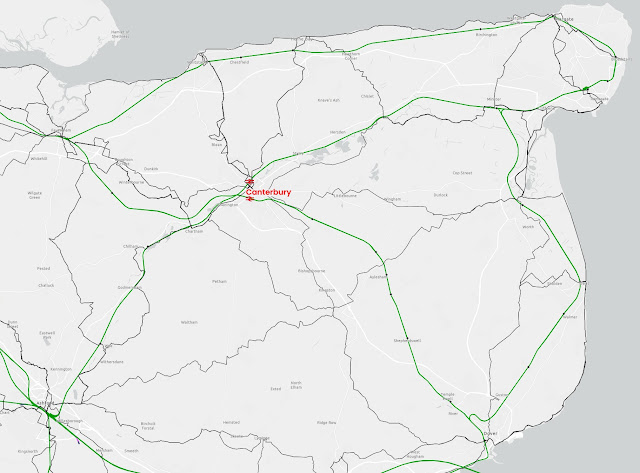 map of East Kent highlighting Canterbury railway stations