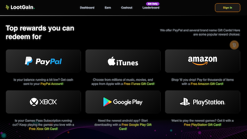 Th LootGain website displaying reward options including PayPal, Amazon, and Google Play. 