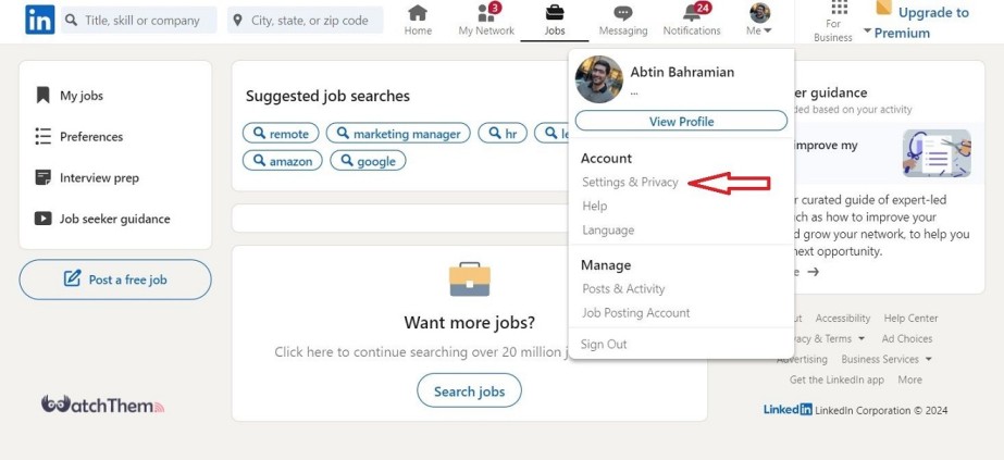 Deactivating LinkedIn Account From PC: Click Settings and Privacy