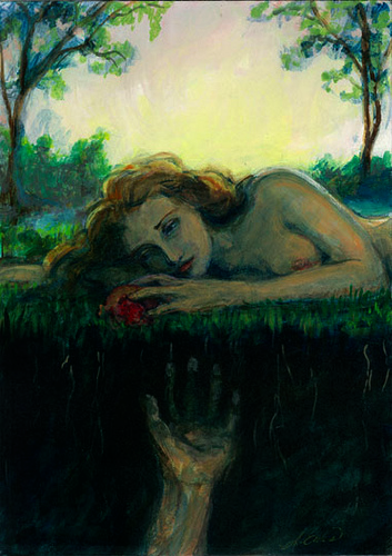 The image depicts Proserpina lying on the grass while delicately placing her hand atop a luscious pomegranate.