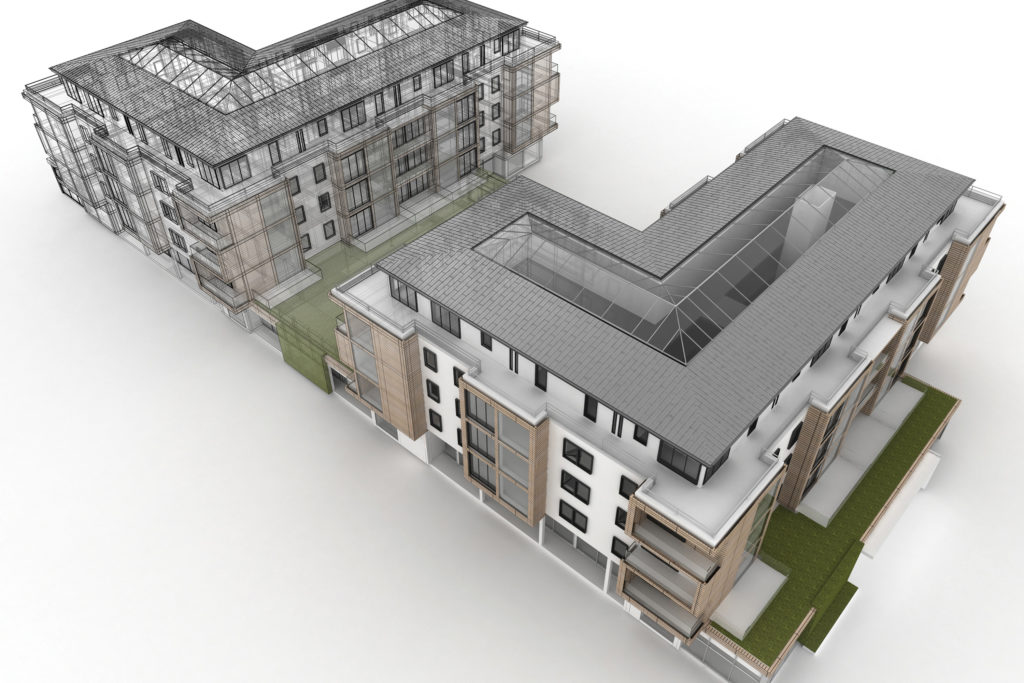 3D rendering of a residential building with a roof 