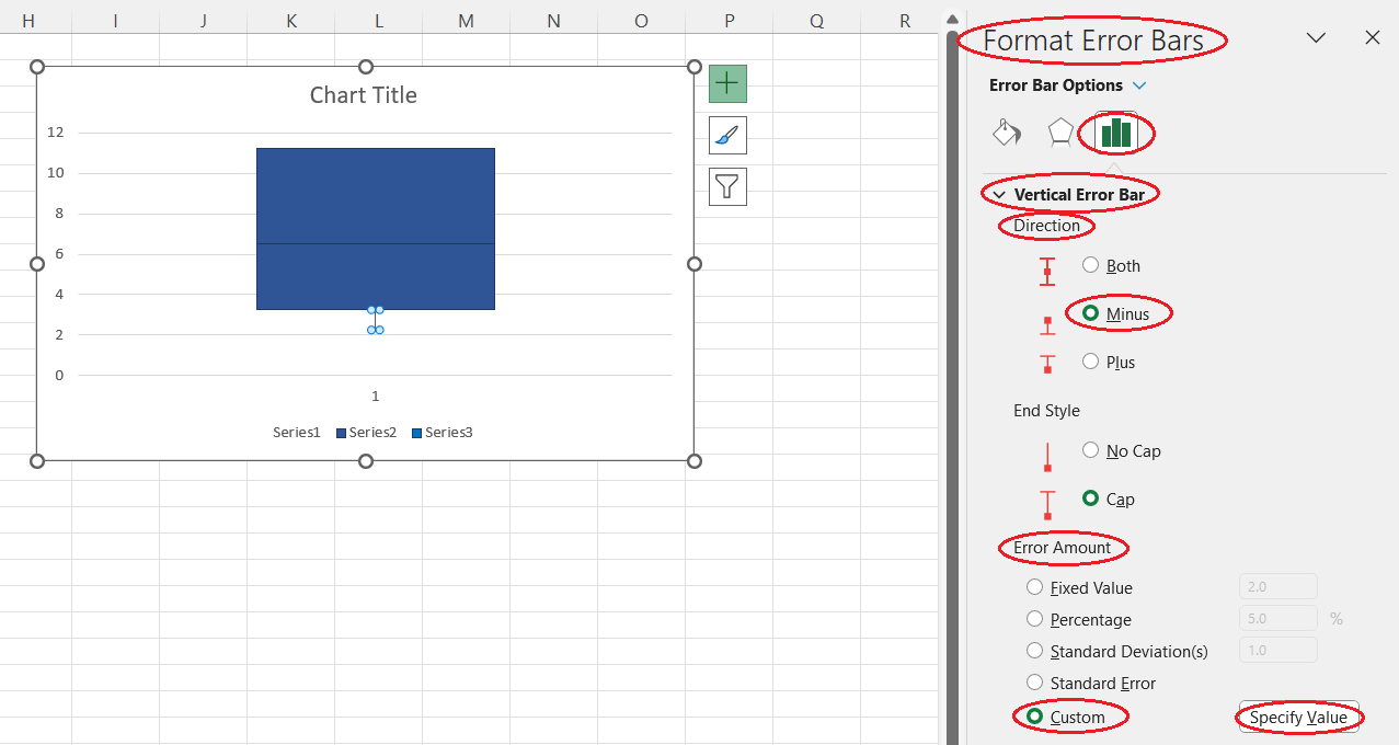 How to set the error bar options when creating the lower whisker of a box and whisker plot from scratch in Excel. Image by Author.