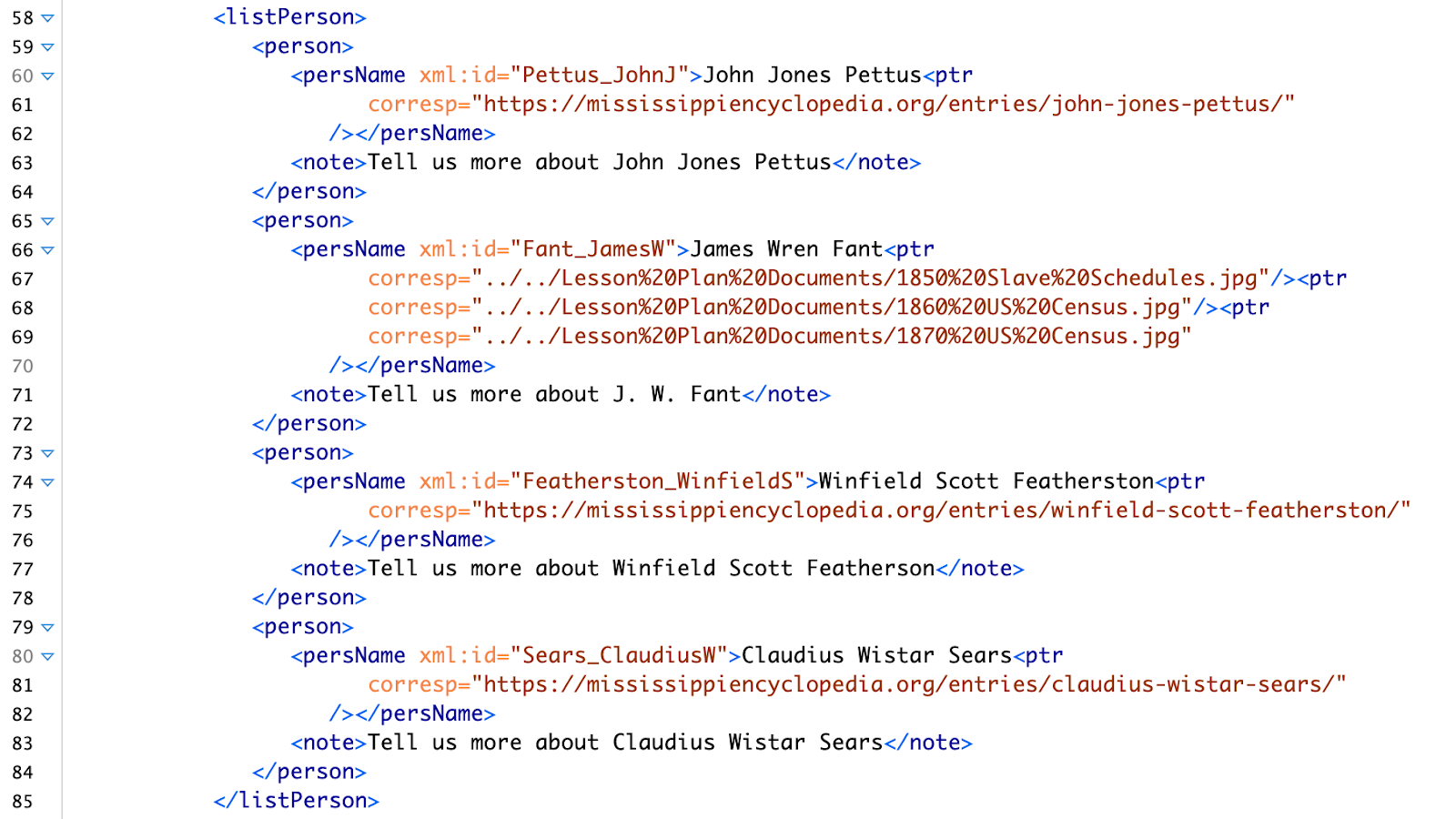 Figure 4: Screen capture of TEI markup providing a list of the four people tagged in the Fant letter