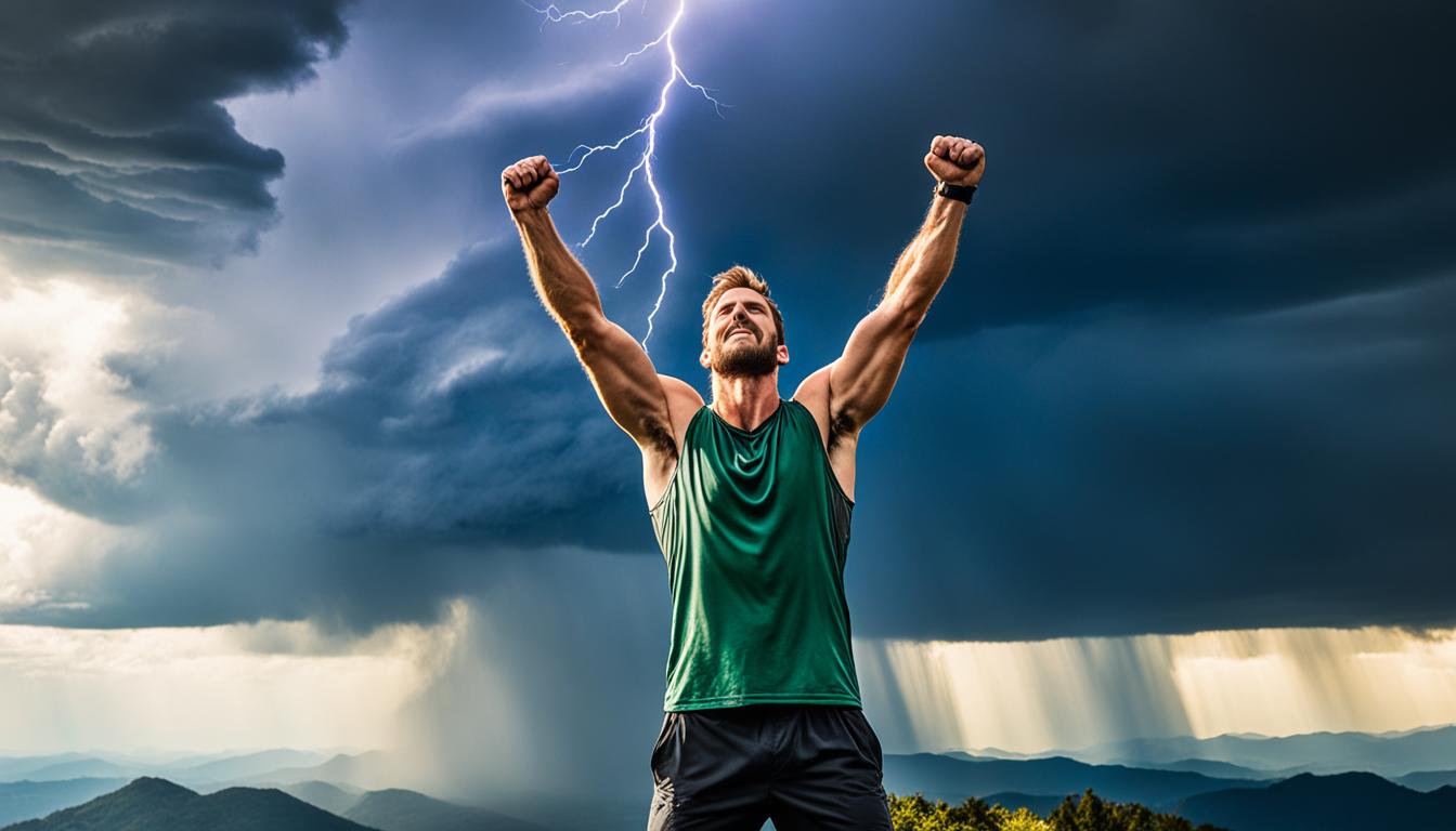 A figure standing confidently at the top of a mountain, with their arms raised towards the sky in triumph. The mountain is surrounded by storm clouds and lightning bolts, but the figure remains unfazed and determined, radiating an aura of unshakeable belief. Below the mountain, a cityscape lies in ruins, but the figure's faith in their ability to manifest the impossible has allowed them to overcome all obstacles and reach their goal.