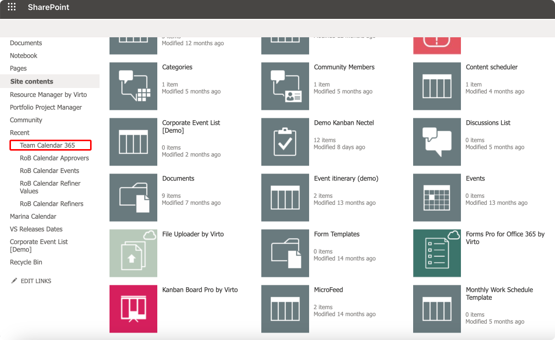 Locate your newly added calendar under “Site contents”.