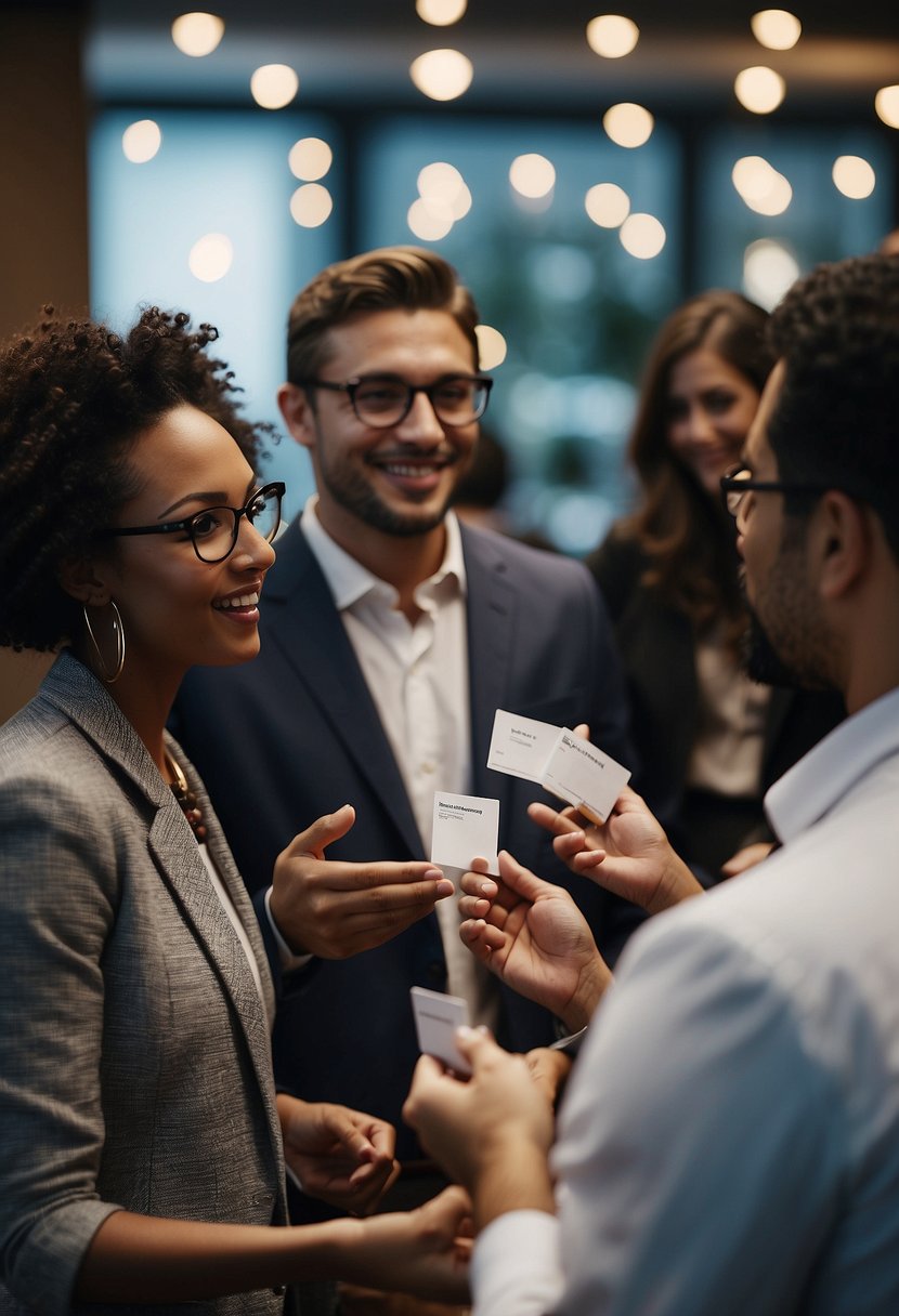 A group of diverse individuals engaging in conversation, exchanging business cards, and connecting with each other at a professional networking event