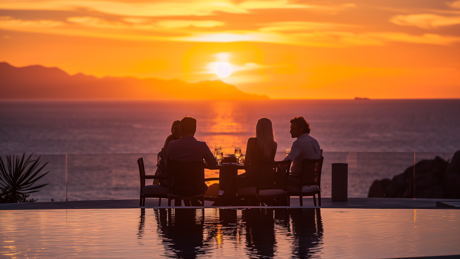 A family dining on a terrace overlooking Sea of Cortez in a luxury villa in Los Cabos, Mexico.