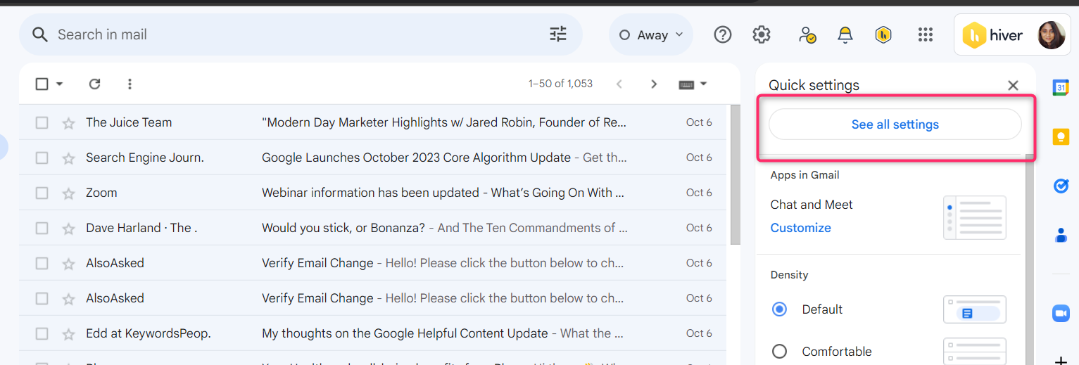 Gmail inbox interface highlighting the 'See all settings' button.