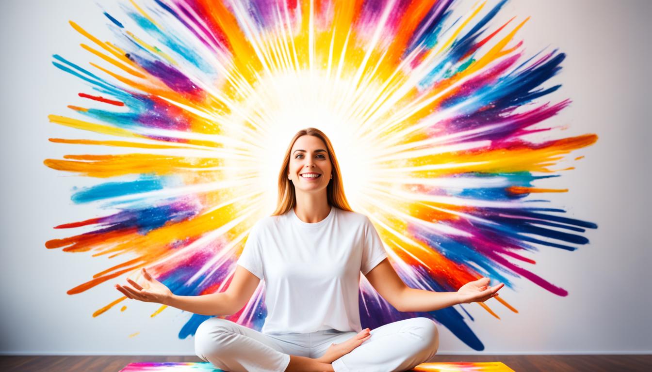 A person sitting in front of a blank canvas, visualizing their desires and manifesting them into reality with the power of their mind. The canvas becomes filled with vibrant colors and symbols representing their manifestation, while rays of light emanate from their hands. The atmosphere is charged with positive energy and a sense of accomplishment.