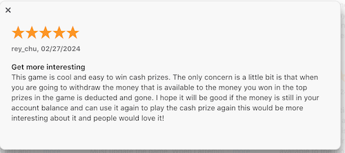 A 5-star Apple App Store review from a Cookie Cash user who likes the game and finds winning cash prizes easy but would like to see some small changes. 