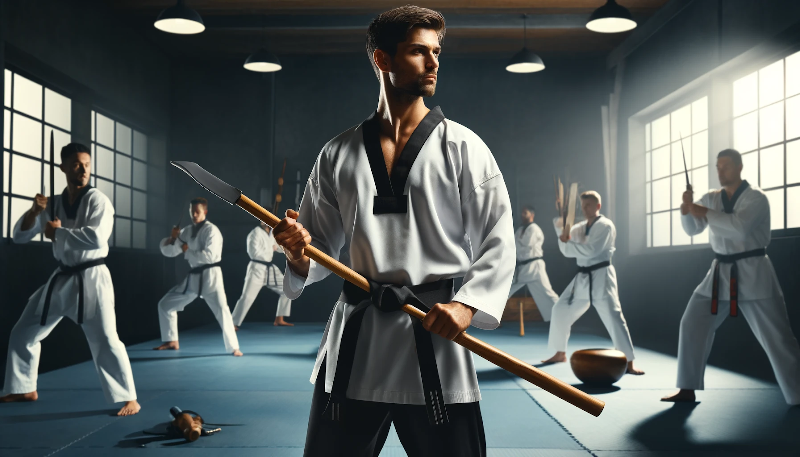 A group of taekwondo students holding various weapons.
