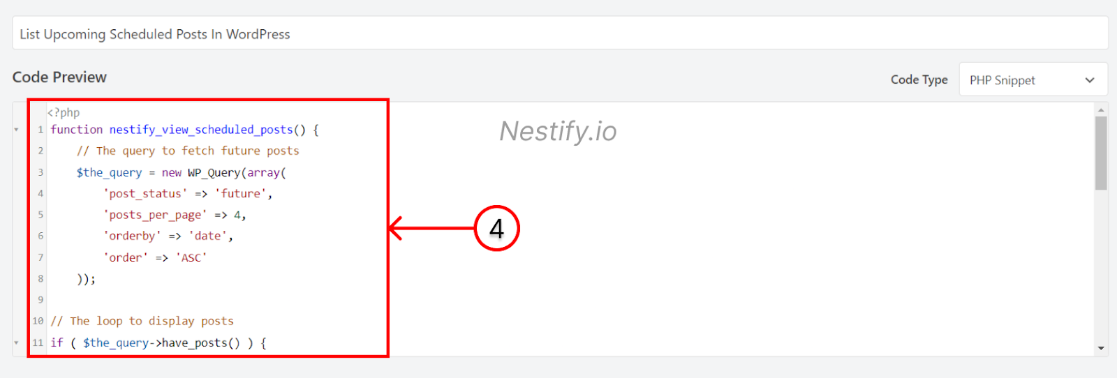 Adding Upcoming Scheduled Posts Code To The Code Preview Field