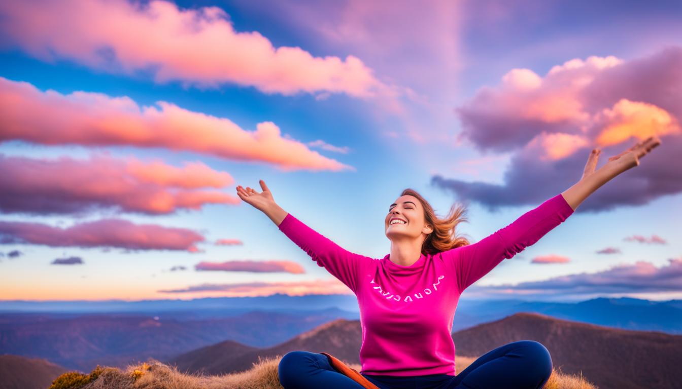 A woman sitting on a mountain top, with her eyes closed and arms extended towards the sky. In the background are colorful clouds, and symbols of abundance and gratitude surround her. She has a peaceful smile on her face, as if she knows her dream girlfriend is on her way to her.