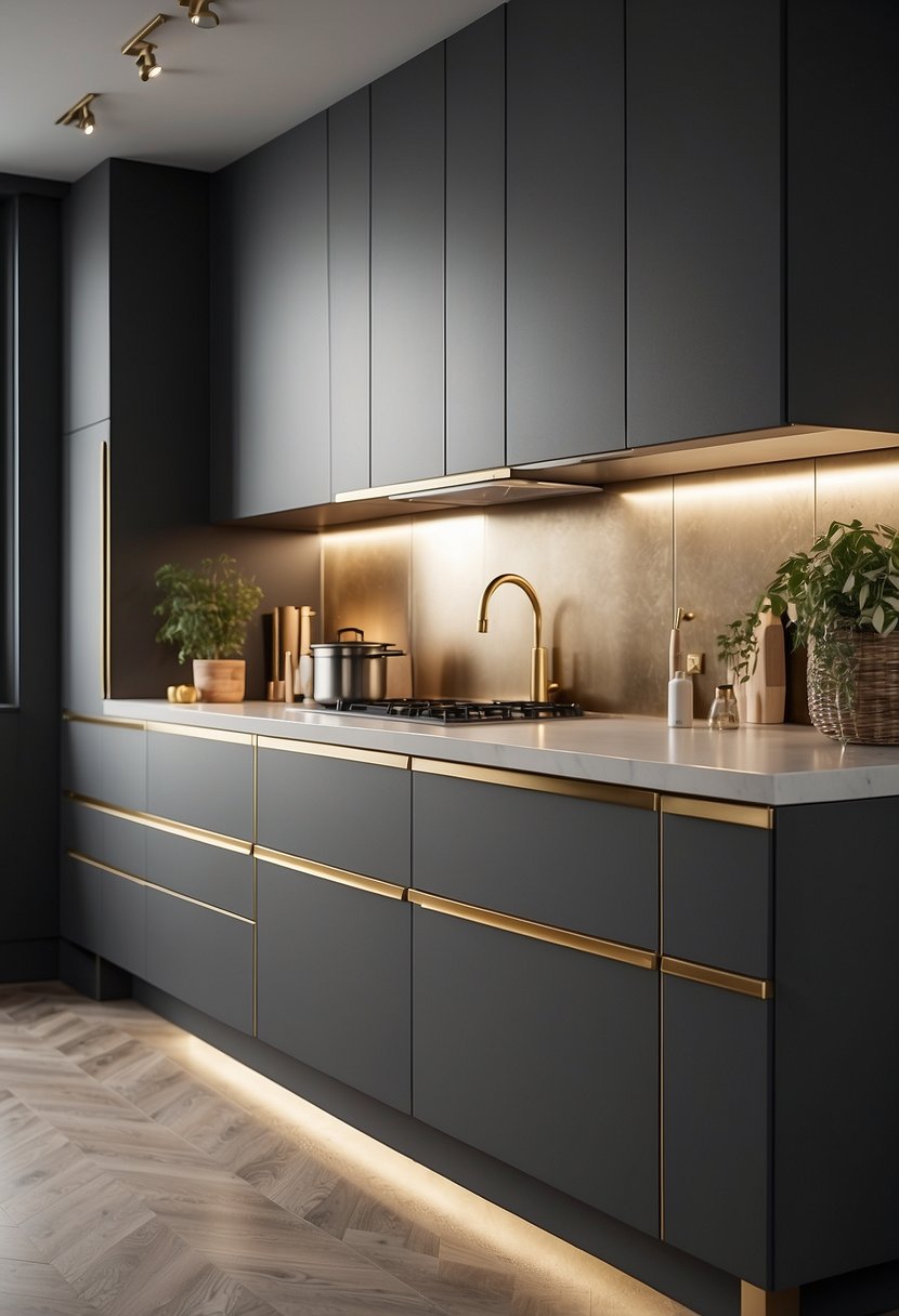 The kitchen scene features 35 gray cabinets with gold handles, creating a modern and elegant atmosphere