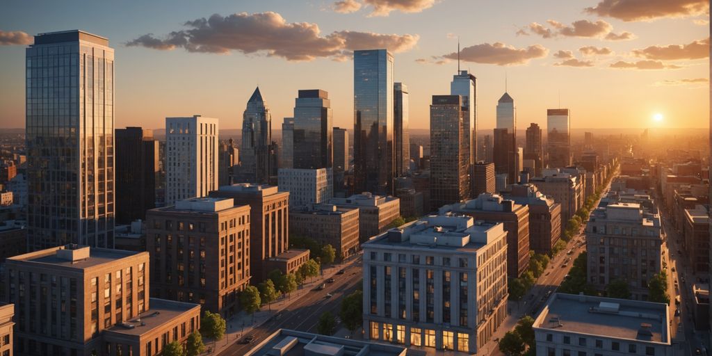 Cityscape with modern and classic buildings at sunset