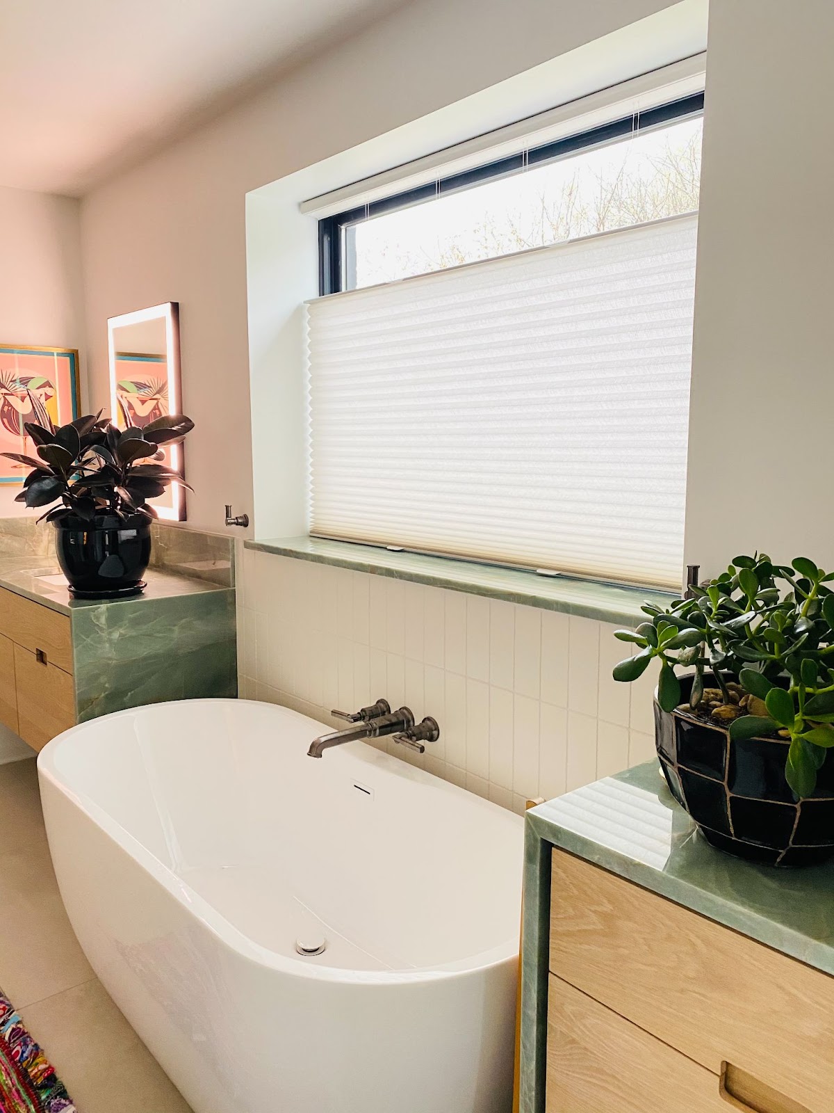 Custom white lower shades in the bathroom of a Chattanooga home