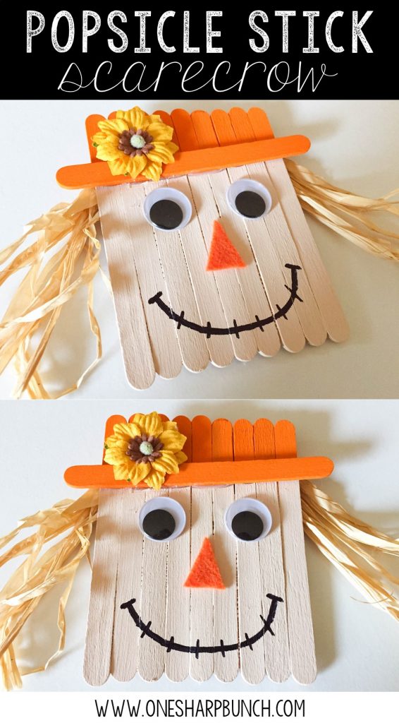 Create this simple fall DIY popsicle stick scarecrow for a super cute fall craft for kids!