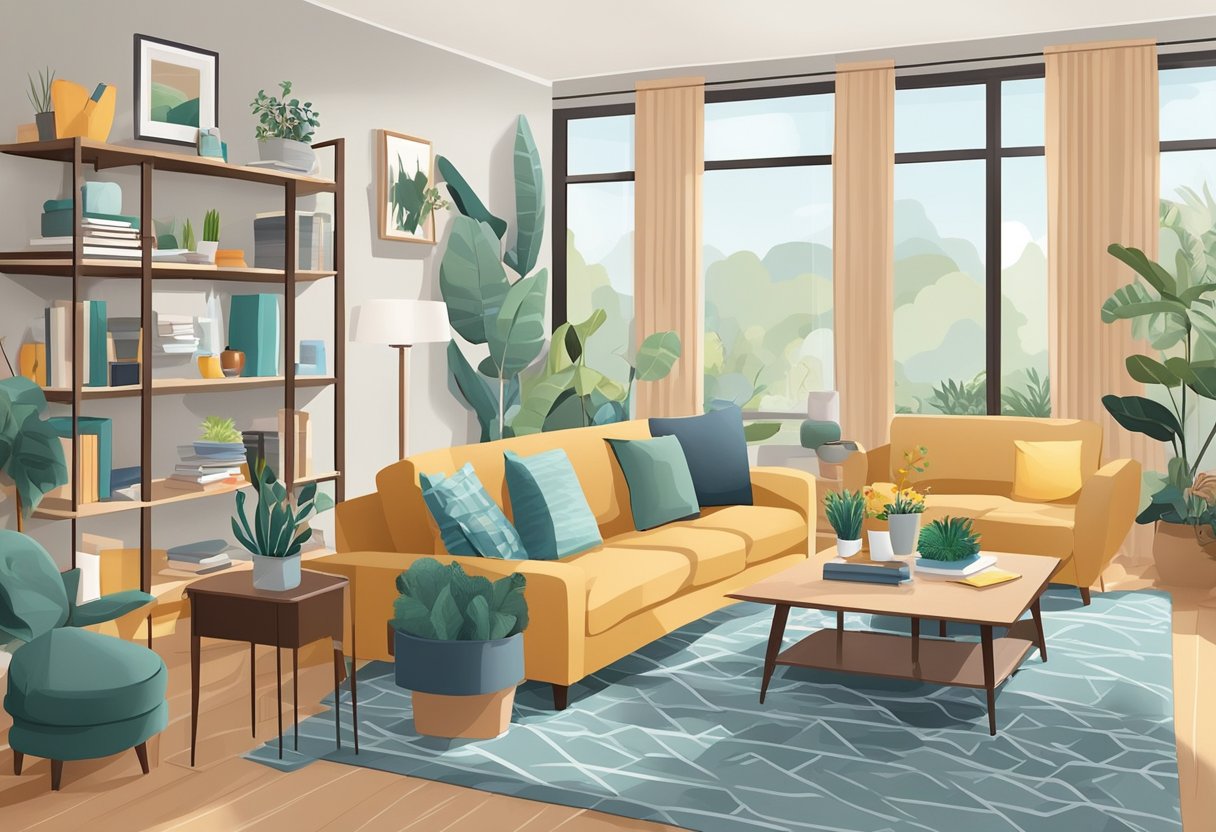 A cluttered living room transformed into a tidy, organized space with the help of a professional house cleaning service. Items are neatly arranged, surfaces are dust-free, and the room exudes a sense of calm and order