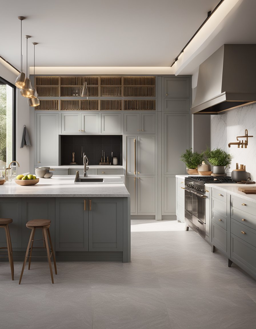 A spacious kitchen with light gray cabinets and natural stone countertops, bathed in soft natural light