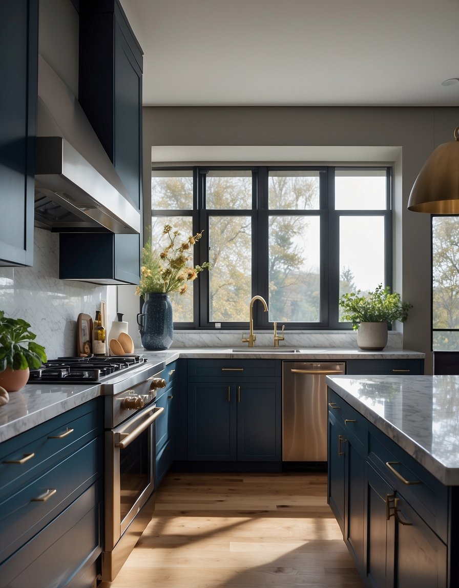 A modern kitchen with slate blue cabinets, stainless steel appliances, and marble countertops. Sunlight streams in through the window, casting a warm glow on the sleek, minimalist design