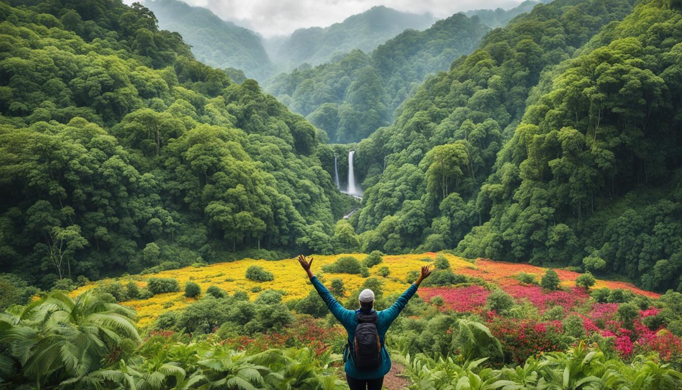 A person standing on top of a hill, with their arms outstretched and a look of joy on their face. The background is a vibrant, lush forest, and there are streams flowing nearby. The person is surrounded by symbols of abundance, such as gold coins, flowers, and fruit trees. In the foreground, there is a path leading up to the hill, which is lined with signs that say "Aligned Action" and "Abundance." The overall feeling of the image should be one of ease and effortlessness, as if abundance is simply flowing into the person's life without any struggle or resistance.