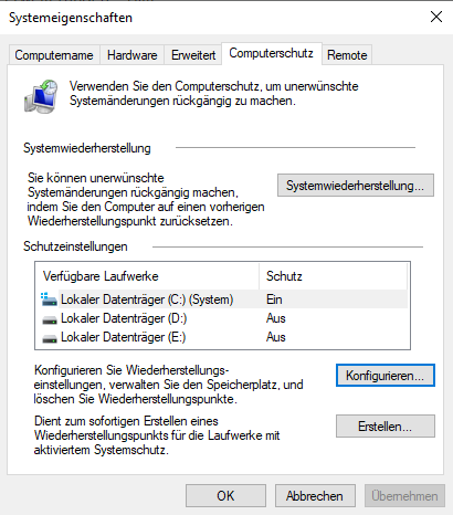 Systemwiederherstellung in windows aktivieren