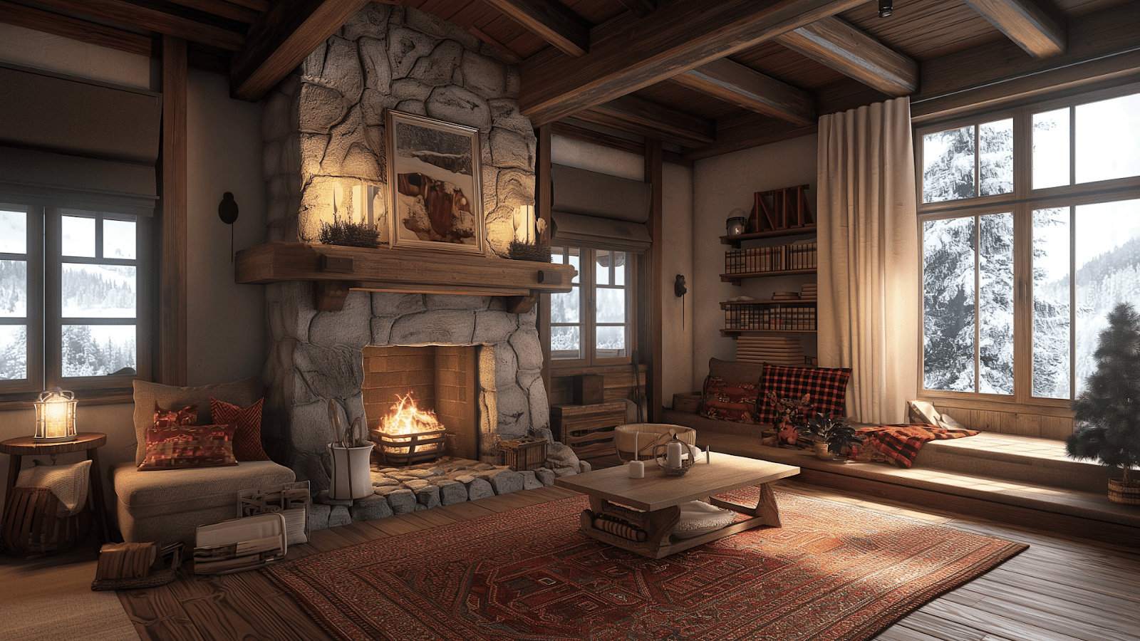 The cozy interior of a snow-covered wildlife viewing cottage with a roaring fireplace and mountain views