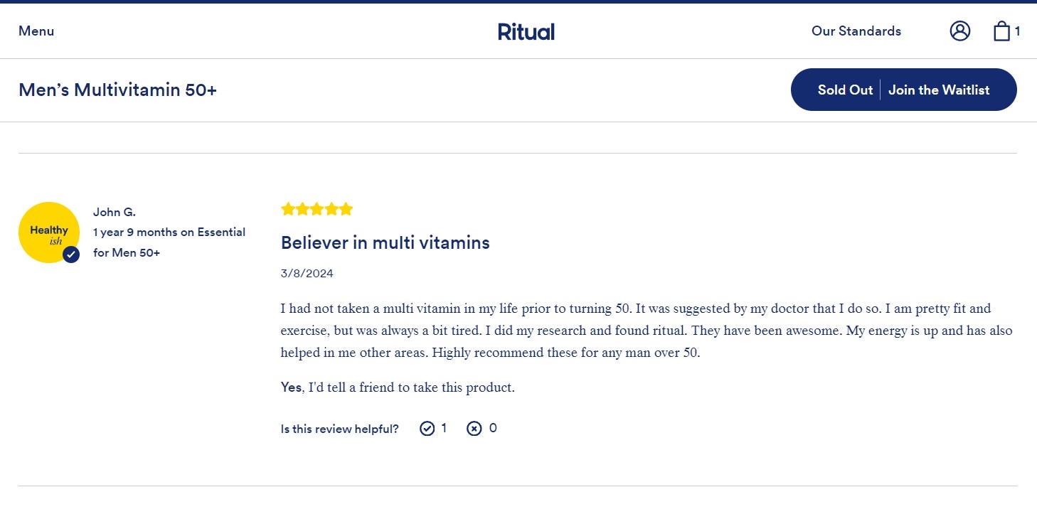 Screenshot of a positive 5-star customer review for the Ritual Essential For Men 50+ multivitamin, highlighting an increase in energy and overall improved physical health. 