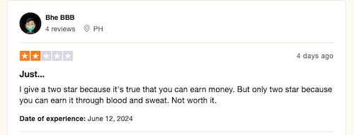 A 2-star Trustpilot review from a Pawns.app user who says you can legitimately earn money but feels it takes too much effort. 