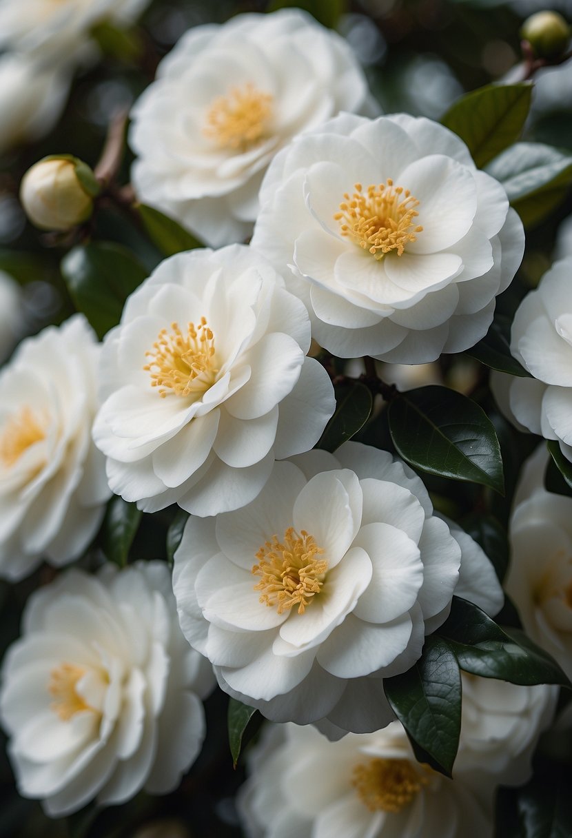 A cluster of 31 white camellia flowers in full bloom. Each delicate petal is perfectly formed, creating a stunning display of pure white beauty