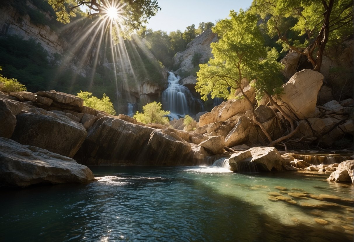 Sunlight filters through the lush trees, casting dappled shadows on the cascading waters of Turner Falls. The ancient rock formations rise majestically, bearing witness to the rich history of this natural wonder