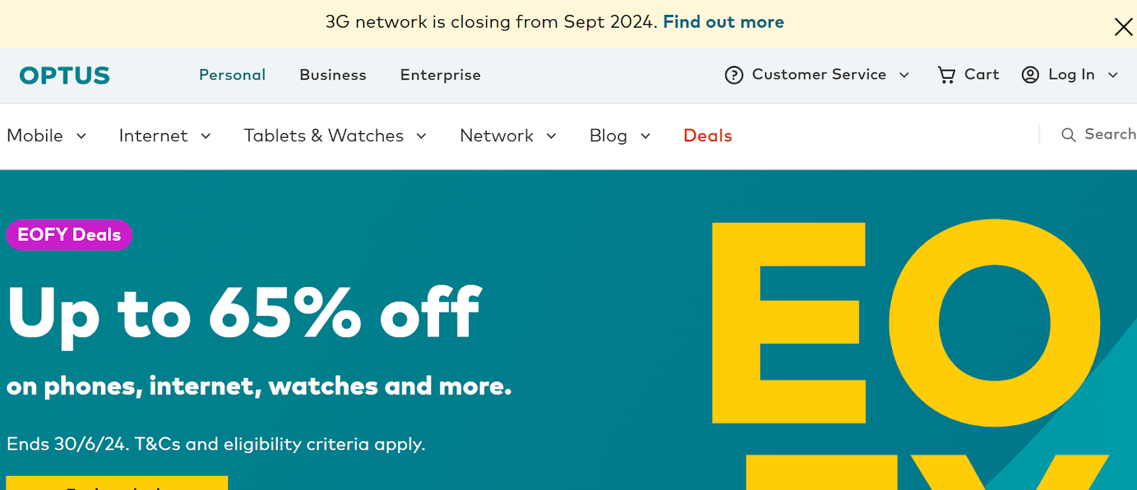 Optus website snapshot highlighting the services it offers.