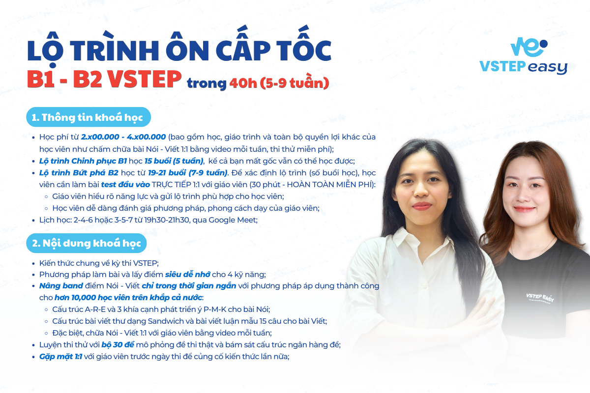 Lộ trình ôn thi cấp tốc B1, B2 VSTEP trong 40h (5-9 tuần) cùng VSTEP EASY