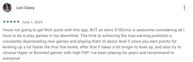 A 5-star Google Play Mistplay review from a user who has been playing for years and finds it an enjoyable way to make an extra $100 a month. 