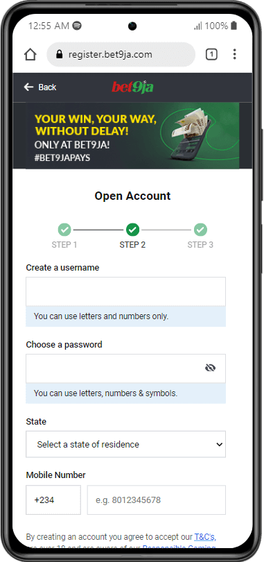 Bet9ja registration page