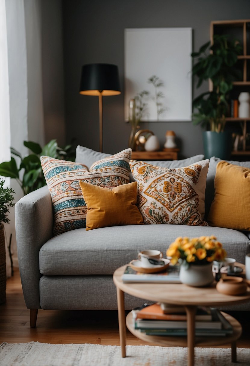 A cozy living room with a sofa adorned with decorative pillows. The pillows are colorful and feature various patterns and textures, adding a touch of warmth and comfort to the space