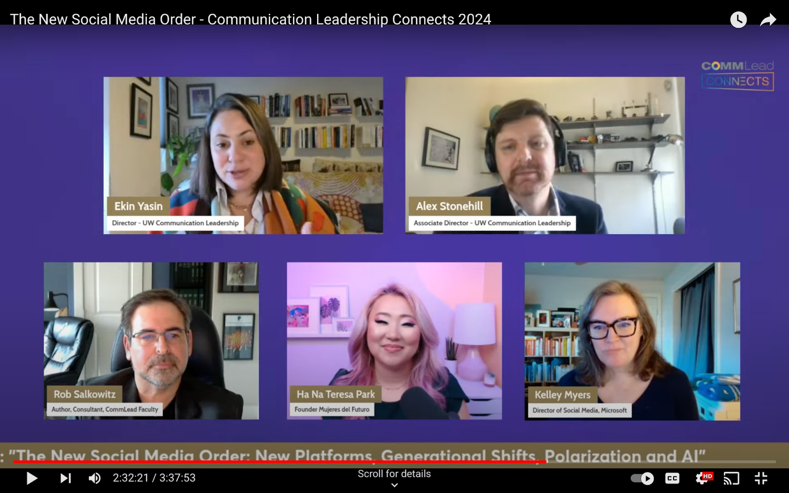 A screenshot of Ekin Yasin, Alex Stonehill, Rob Salkowitz, Ha Na Teresa Park and Kelley Myers