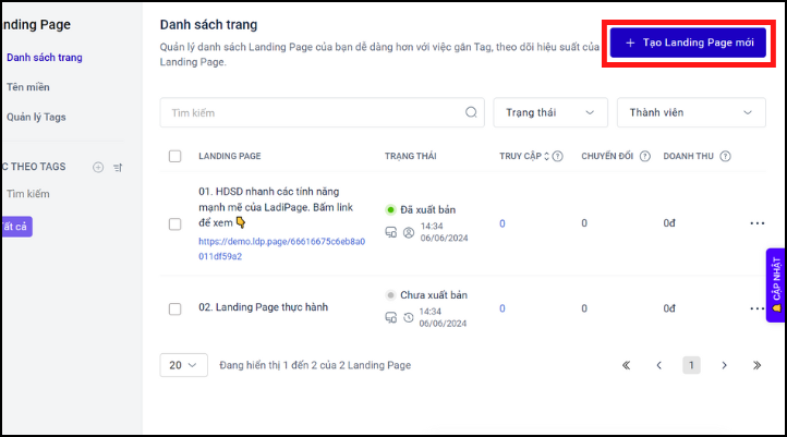 Chọn tạo landing page mới để bắt đầu