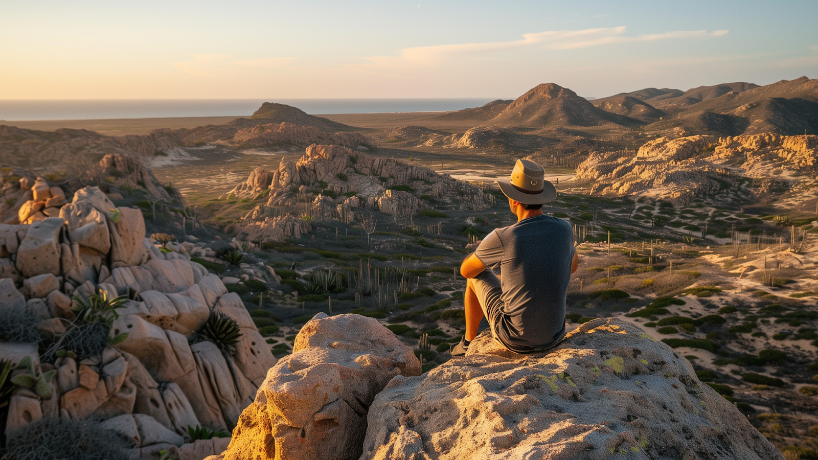 A solo traveler overlooking Cabo Pulmo National Park in Los Cabos, Mexico.